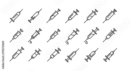 Collection of 15 thin line icons of syringes, representing various medical and scientific concepts, presented as a vector cartoon illustration on a clean white background, ideal for graphics, apps