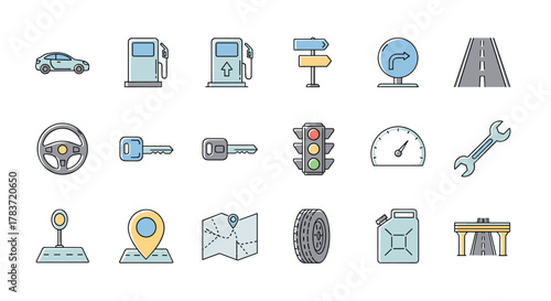 Set of Car and Road Related Line Icons: A vibrant collection of outline signs for graphic and web design, apps, adverts, and various cards, featuring a car, gas station, road signs, traffic lights