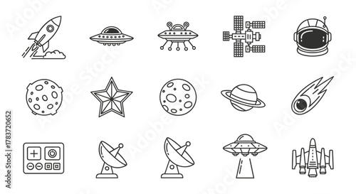 Collection of line art space icons including a rocket ship launching, various UFOs, a satellite, astronaut helmet, planets, a star, a comet, and control panel, perfect for infographics, articles