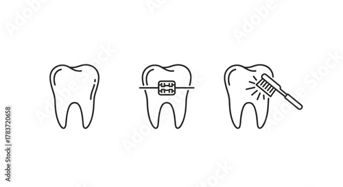 Set of minimalistic linear icons representing dental care: a clean tooth, a tooth with braces, and a tooth being cleaned by a toothbrush, symbolizing oral hygiene, orthodontics, and dental health for