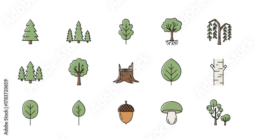 Collection of minimalistic vector cartoon illustrations featuring various trees, including coniferous and deciduous types, a weeping willow, a tree stump, leaves, an acorn, a mushroom, and a birch