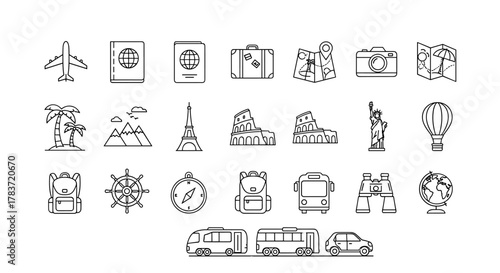 A diverse collection of travel and tourism-themed vector icons, featuring iconic landmarks like the Eiffel Tower and Colosseum, transportation modes such as airplanes, buses, and cars, essential