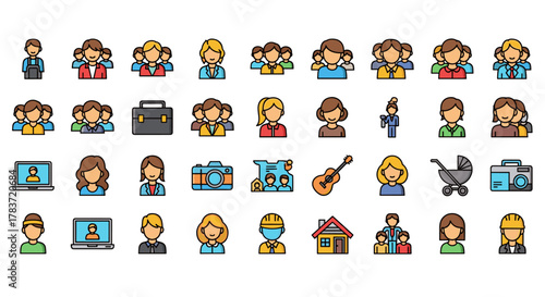 Diverse Set of Simple Vector Icons Representing People, Staff, Hobbies, and Family Life, Ideal for Graphic Design, Websites, Cards, Books, and Articles, Featuring a Car Icon for Versatile Application