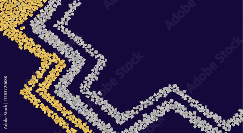Vibrant gold and silver confetti forming a dynamic zigzag pattern against a deep navy blue background, perfect for festive celebrations, awards, and elegant event decorations. This vector