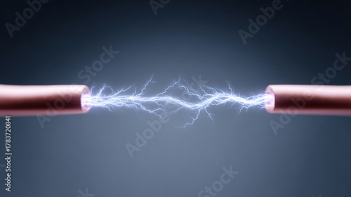 Electric sparks jumping between copper terminals symbolizing electrical energy and power connection in dark background