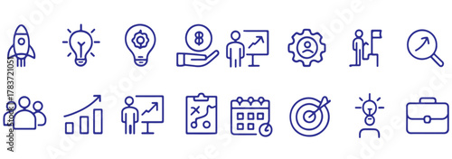 Business startup icon set. Entrepreneurship and new venture related line icons: launch, idea, innovation, funding, team, growth, pitch, planning, strategy, success and more. Editable stroke.