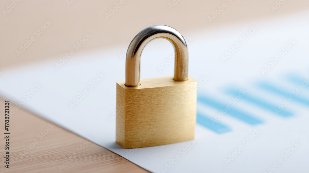 Fototapeta premium Golden padlock on financial report with blue bar chart symbolizing security and protection of data and assets
