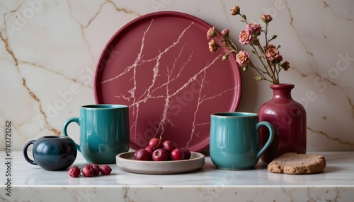 Stylish Arrangement of Colorful Tableware with Fruits and Flowers on Elegant Marble Surface