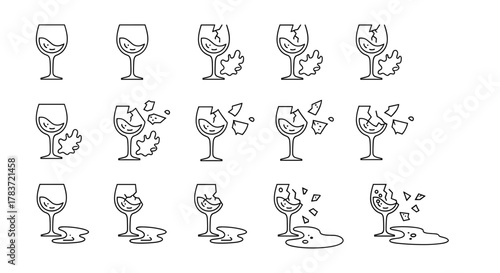 Set of minimalistic linear icons depicting a wine glass in various stages of breaking, from intact to shattered, with liquid splashing and spilling, representing fragility, accidents, and loss