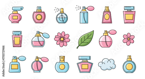 Collection of colorful cartoon perfume bottles, flowers, and a leaf, presented as an ordered set with editable stroke, perfect for graphic design, websites, cards, books, and articles, isolated on a