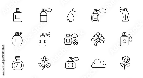 Collection of minimalist linear pictograms representing perfume bottles, spray atomizers, fragrance drops, flowers, and clouds, perfect for web and graphic design, apps, banners, social networks, and