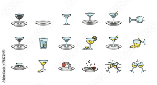 Collection of minimalistic vector cartoon illustrations featuring various cocktail glasses and plates, perfect for web design, graphic design, apps, banners, social networks, and cards, showcasing a