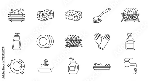 A clean and organized collection of outline icons representing various dishwashing tools and supplies, perfect for graphic and web design, apps, adverts, and various cards, presented as a vector