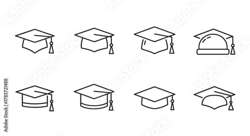 Collection of eight simple line art graduation cap icons, each with a tassel, presented in a clean, ordered set on a white background, symbolizing academic achievement and education.
