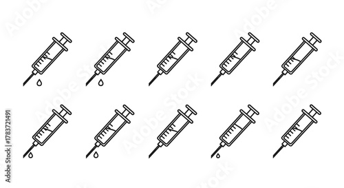 Seamless pattern of outline syringes with a drop of liquid falling from the needle, presented in a linear, cartoon illustration style on a clean white background, perfect for graphic and web design