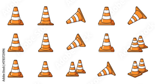 Collection of Vivid Orange and White Striped Traffic Cones in Various Poses and Angles, Perfect for Infographics, Articles, Books, Flyers, and Banners, Vector Cartoon Illustration with Editable Stroke