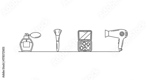 Simple linear illustration of beauty essentials, featuring icons of perfume bottle, makeup brush, cosmetic palette, and hairdryer, perfect for graphic design, app interfaces, and conceptual