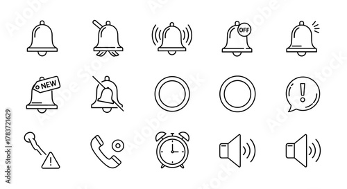 Collection of thin line icons representing bells, notifications, alarms, and sound. Includes ringing bells, 'new' tags, 'off' status, warning signs, phone calls, and speaker volume symbols, all