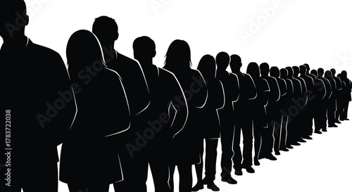 Silhouette people standing in line illustration, waiting queue concept, social behavior, order, community crowd artwork, lifestyle diversity, collective identity