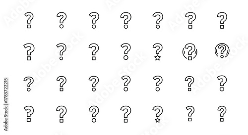 A collection of line art question mark icons, featuring various styles including standard question marks with dots and squares, as well as stylized versions with stars and circular enclosures