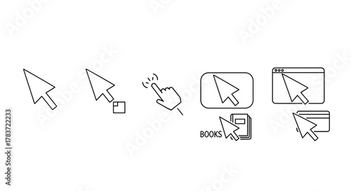 Collection of line art cursor icons representing various digital interactions: a standard pointer, a pointer with a file icon, a hand cursor indicating a click, a pointer within a browser window, a