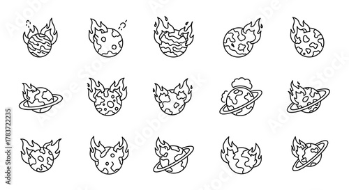 Collection of outline icons depicting planets on fire, symbolizing global warming, environmental crisis, or celestial events. This vector bundle features various stylized planets engulfed in flames