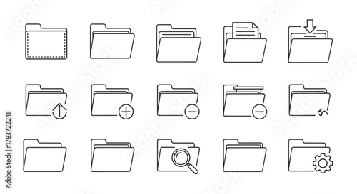 A collection of minimalistic, line-art vector icons representing various folder states and actions, including empty folders, folders with documents, upload, download, add, delete, search, and