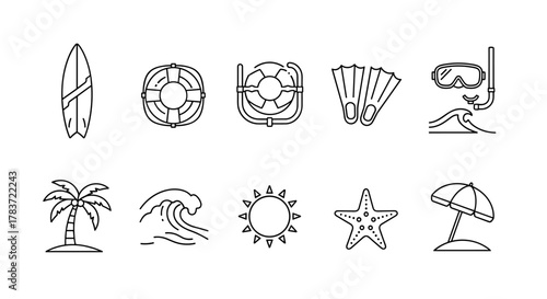 Minimalistic linear pictogram icon pack for web and graphic design, featuring a surfboard, lifeline, diving mask, palm tree, waves, sun, starfish, and beach umbrella, perfect for apps, banners