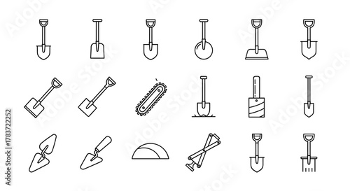 Collection of Outline Shovel and Gardening Tools Icons, Featuring Various Types of Shovels, Trowels, Chainsaw, and Jack, Perfect for Graphic Design, Web Design, Apps, Advertisements, and More