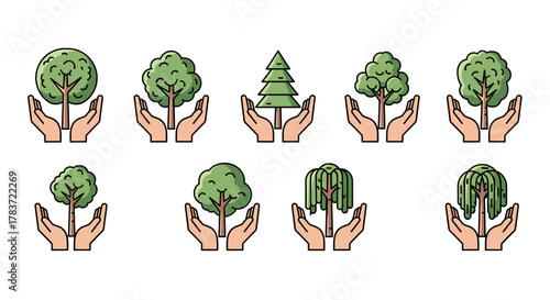 Collection of eight diverse tree icons, each cradled by two cupped hands, symbolizing growth, nature, and environmental protection. Includes various tree shapes like deciduous, coniferous, and