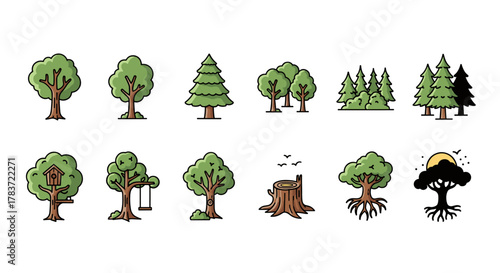 Collection of stylized cartoon tree icons, featuring diverse types like deciduous, coniferous, and whimsical designs with a birdhouse and swing, set against a clean white background, perfect for
