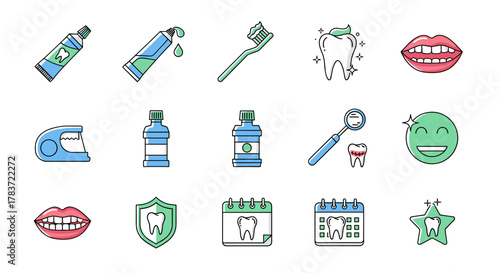 A collection of minimalistic linear vector cartoon illustrations depicting dental hygiene and care, including toothpaste tubes, toothbrushes, mouthwash, dental tools, healthy teeth, smiling mouths