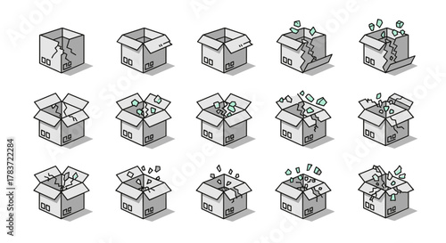 Set of 15 isometric thin line icons representing a cardboard box in various stages of being broken, shattered, and falling apart, with some pieces flying out, suitable for graphic design, apps, and