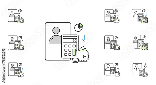 Minimalistic line icons depicting financial management and user interaction, featuring calculators, wallets, coins, and charts, suitable for web, graphic design, apps, banners, social networks, and