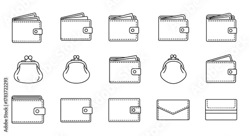 Collection of outline wallet and purse icons, editable stroke, perfect for infographics, articles, books, flyers, banners, vector cartoon illustration, money storage, financial symbols, and personal