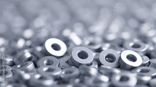 Pile of metallic nuts and washers forming texture background with shiny silver metal and industrial feel