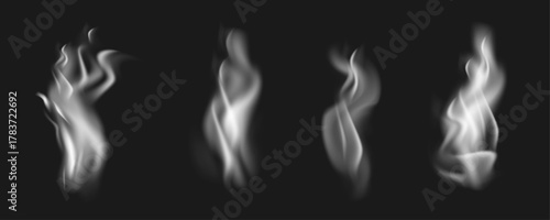 Realistic white smoke pillars and steam rising on a dark background. Set of isolated vapor, fog, or cigarette smoke. Editable vector illustration.