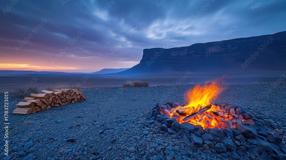Fototapeta premium Desert campfire burning brightly, wood stack beside, mesas in dusky background