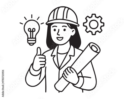 Innovative engineer with blueprint and lightbulb concept, giving thumbs up, symbolizing success and bright ideas in construction and design projects.