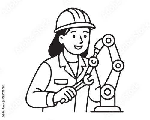 Inspiring female engineer expertly works with robotic arm using wrench, symbolizing innovation and industrial progress in technology