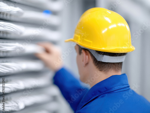 Technician adjusting fiber optic distribution frame with yellow safety helmet and blue uniform in server room