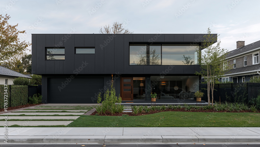 Fototapeta premium Modern black house with a minimalist design and a beautiful green lawn