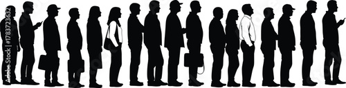 Silhouette people standing in line illustration, waiting queue concept, social order, community diversity, lifestyle artwork, collective identity, crowd behavior design