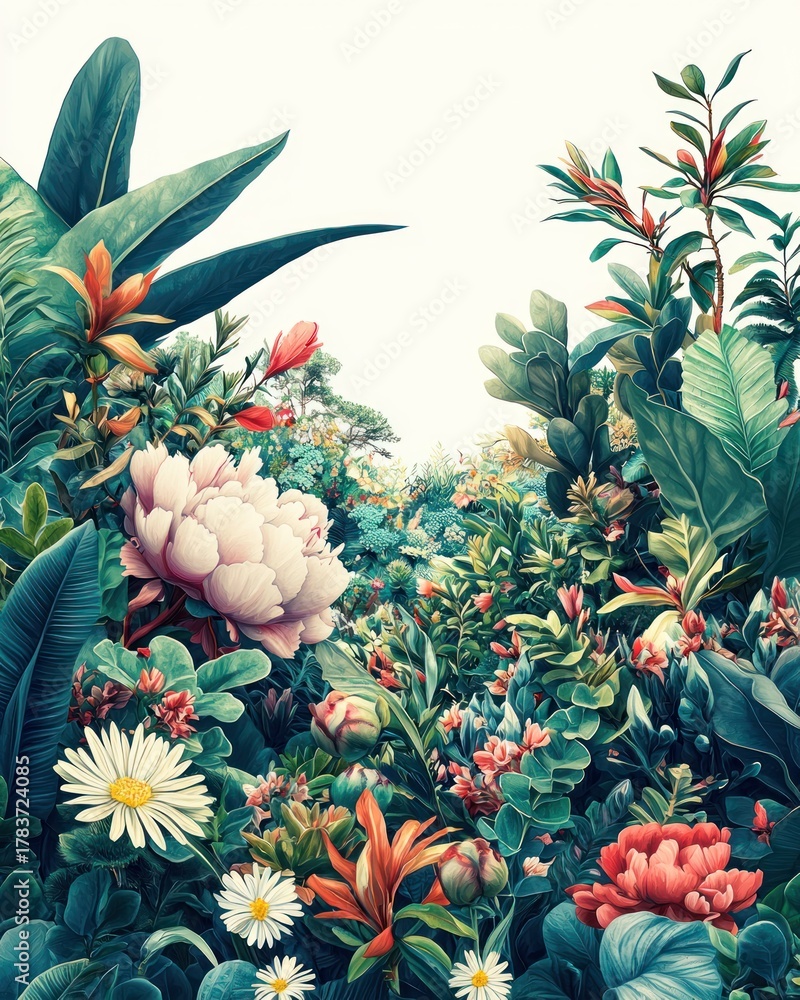 Fototapeta premium Lush foliage featuring large flowers and tropical greenery against white