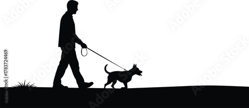 Silhouette person walking dog illustration, pet care concept, outdoor activity, companionship artwork, lifestyle diversity, human animal bond, exercise design