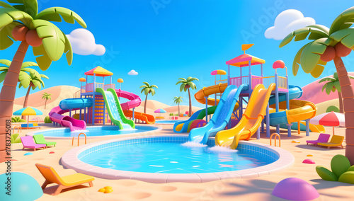 Fototapeta Naklejka Na Ścianę i Meble -  Children's water park summer swimming pool summer surfing 3D illustration