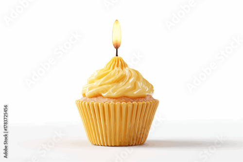 Delightful frosted cupcake with glowing candle flame, perfect for birthdays, celebrations, and sweet treat promotions; a tasty and cheerful design element