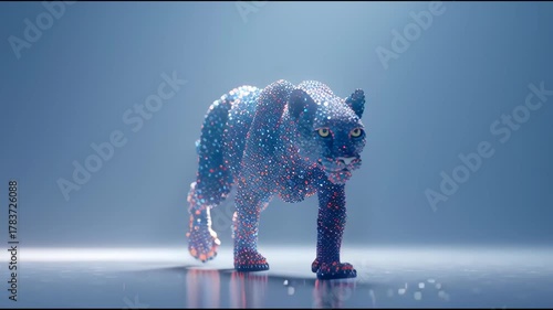 3d render of abstract art with surreal wild king lion panther animal in walk process based on neon glowing curve wavy lines forms in purple red and white color on black background  