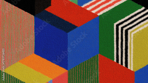 Abstract Geometric Shape Art With Vibrant Colors Of Red, Blue, Green, Yellow, Textured Composition For Wallpaper, Poster, Banner. Modern Artistic Abstract Design With Geometric Forms