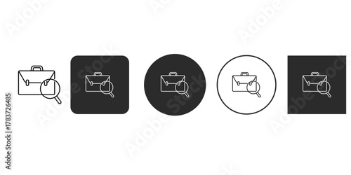 Briefcase with magnifying glass icon set, symbolizing job search, career opportunities, and professional development